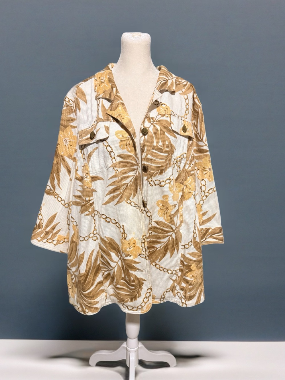 TanJay Cream and Gold Tropical Button-Front Coverup
